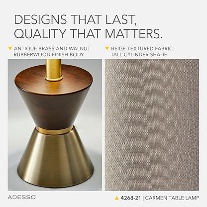 Adesso Table Lamp with Antique Bronze and Walnut Base, Bedside Table, Home