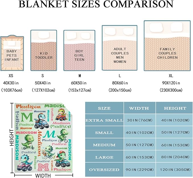 Personalized Dinosaur Truck Blanket Gifts for Girls Boys Women - Super Soft Cozy Warm Throw Sheet for Couch Bed Sofa Office Decor All Season 90"x120" for Whole Family
