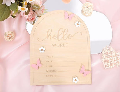 Hello World Newborn Sign - Baby Announcement Sign for Baby Showers, Pink Butterfly Newborn Birth Announcement Board, Daisy Wooden Milestone Card,Welcome.