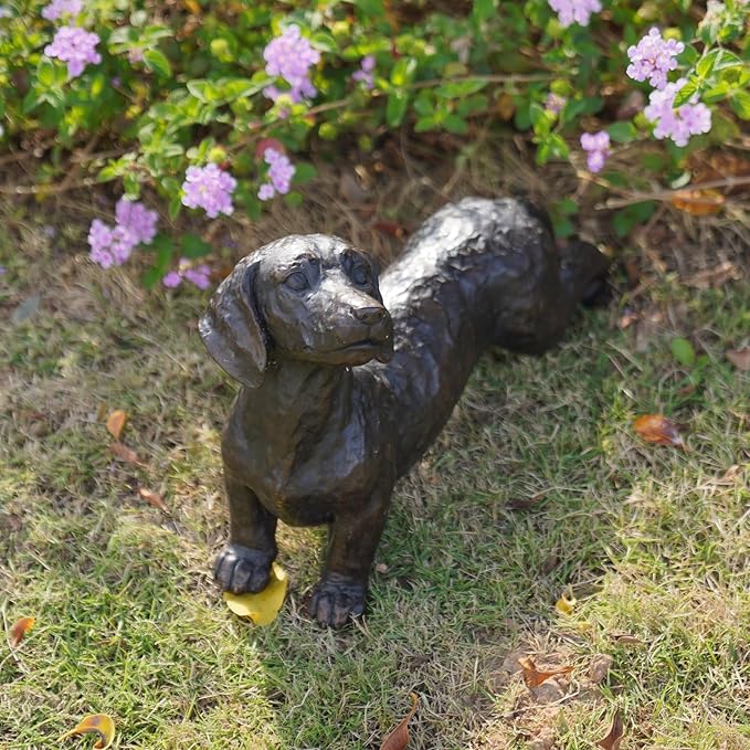 Dog Statues Outdoor Dachshund Décor - Wiener Dog Garden Statue Made of Resin Material Sausage Statue Dark Brown 12.75 * 4 * 8.5 inch for Patio Lawn Yard Porch Garden Gift Figurine