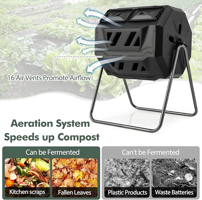 S AFSTAR Composter Tumbler Outdoor, 42-Gal Dual Chamber Tumbling Composter with 2 Sliding Doors, Metal Frame, BPA-Free Large Rotating Compost Bin Tumbler for Garden Yard Waste (Black)