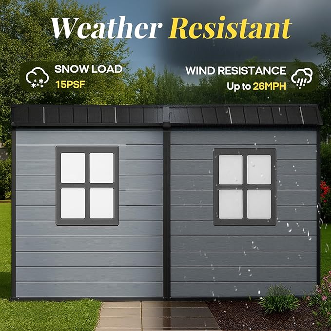 8x4ft Lean to Shed, Resin Outdoor Storage Shed with Floor and 2 Windows, Plastic Sheds & Outdoor Storage Clearance for Patio Furniture, Garden Tools Bike Accessories, Beach Chairs, Black+Grey