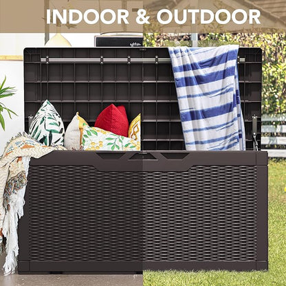 Devoko 100 Gallon Waterproof Large Resin Deck Box Indoor Outdoor Lockable Storage Container for Patio Furniture Cushions Garden Tools (100 Gallon, Dark Brown)