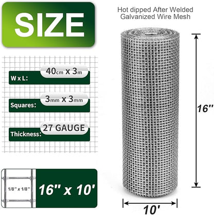 1/8 Inch Hardware Cloth 16'' x 10' 27 Gauge Hot Dip Galvanized Welded Wire Mesh for Chicken House/Coop Fencing, Animal Cage Netting, Bee Swarm Protection Netting and Poultry Enclosures