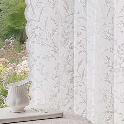 Anmao Vintage Lace Curtains 45 Inches Long 2 Panels Set, Romantic Elegant Light Filtering Semi Sheer Floral Thick Lacy Curtain Drapes for Living Room and Bedroom, Each Panel 55W x 45L, White Leaves