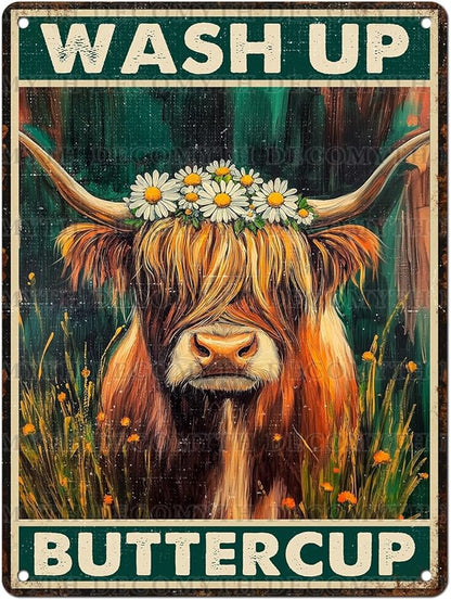 Vintage Highland Cattle Tin Sign Wash Up Buttercup Retro Wall Decor Decorations for Home Funny Cow Lover Poster Indoor Store Cafe Toilet Farmhouse Yard Garden Bar Pubs Rustic Farm 12 * 16inch