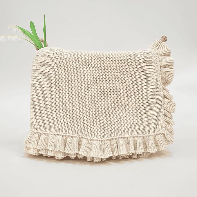Ruffle Knit Blanket for Baby - 100% Luxury Soft Cotton Knit Warm Cozy Cuddle Stroller Crib Blanket for Newborns, Infants, & Toddlers (Beige)