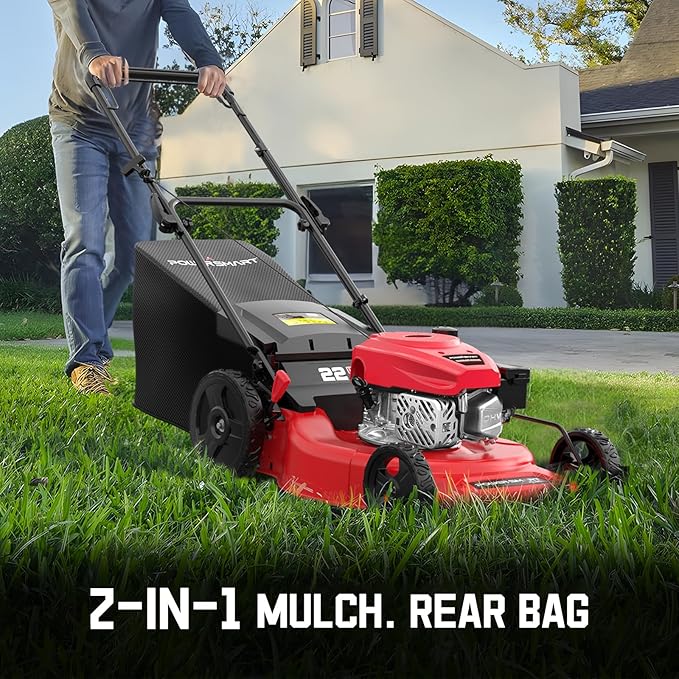 PowerSmart Self Propelled Gas Lawn Mower, 22 in. with 170cc OHV Engine, 2-in-1 Rear-Wheel Drive High Wheels, Red