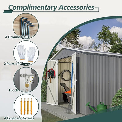 10x10 FT Outdoor Storage Shed, Large Metal Garden Shed with Lockable Hinged Doors, Outside Tool Shed with Sloped Roof & 4 Air Vents, Waterproof Storage Building for Backyard, Patio, Lawn, Gray