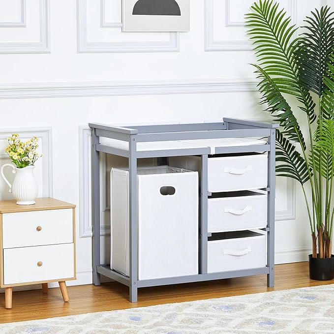 Wooden Baby Changing Table, Modern Diaper Changing Table, Infant Diaper Station Dresser with Laundry Hamper, 3 Drawer Basket- Storage Organizer for Baby Clothes, Diapers & Toys