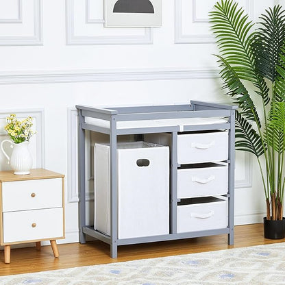 Wooden Baby Changing Table, Modern Diaper Changing Table, Infant Diaper Changing Station Dresser with Laundry Hamper, 3 Drawer Basket and Changing Pad