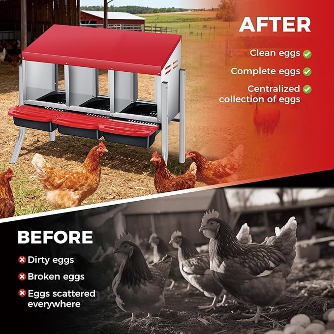 Heavy Duty 3-Compartment Chicken Nesting Box – Rollaway Egg Collection, Removable Galvanized Steel Tray, Perch, Lid, Metal Legs, Wall Mount or Freestanding, Hen Laying Box – Red, Three Grids