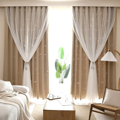 Kinryb Kids Blackout Curtains for Bedroom/Living Room/Classroom, Sheer Overlay 84 Inches 2 Panel Set, Double Layer Curtains with Star Cutout for Kids Room(W 52 x L 84 Inches,Beige 2 Pcs)