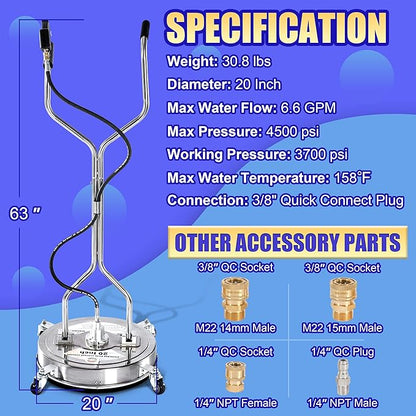 PWACCS 20" Pressure Washer Surface Cleaner, Stainless Steel Power Wash Surface Washer with Dual Handle & 4 Wheels, 4500 PSI Pressure Washer Scrubber for Cleaning Concrete, Cement, Patios and Driveways