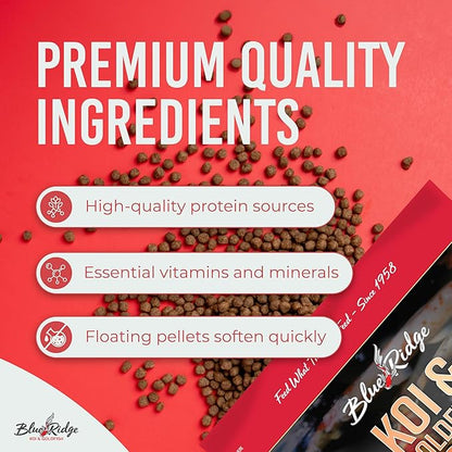 Blue Ridge Koi Fish Food 5lb - Koi Food 3/16” Large and Mini Blend Growth Formula, Goldfish Food, Premium Fish Food for Ponds, Ponds Fish Food, Floating Pond Pellets