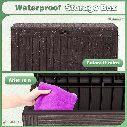 Greesum 120 Gallon Outdoor Storage Box with Lock - Large Resin Deck Box, Reinforced Lid for Garden, Patio, Lawn, Brown