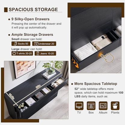 ACCOHOHO Modern 9 Drawer Dresser for Bedroom, 52" Wide Wooden Dressers with Large Storage,Handleless Chest of Drawers TV Stand for Living Room & Hallway, Curved Profile Design, Black