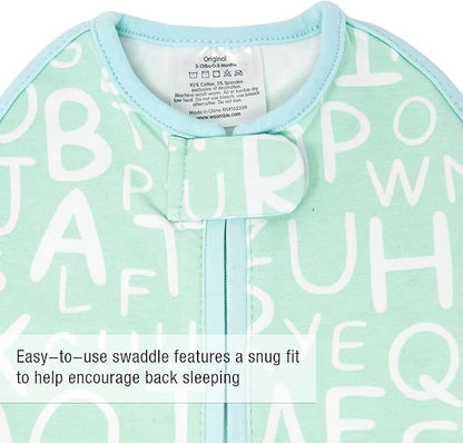 Woombie Original Baby Swaddling Blanket - Soothing, Cotton Zippered Swaddle - Wearable Newborn Blanket, Mint Alphabet, 14-19 lbs