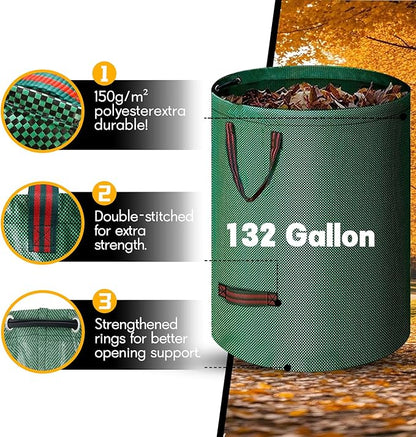 Reusable Yard Waste Bags - 2 Pack, 132 Gallon Large Yard Waste Bag with Reinforced Handles, Ideal for Grass, Leaves, and Yard Waste - Durable and Garden Waste Bags, Large Leaf Bags Stand Up.