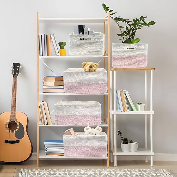 COMFY-HOMI 3 pcs Large Storage Baskets for Shelves, Laundry Basket, Woven Rope Basket, Closet Organizer Bins for Clothes Blanket Towels, Baby Nursery, Gift Toy Baskets, 17” x 13” x 7.5”-White/Pink