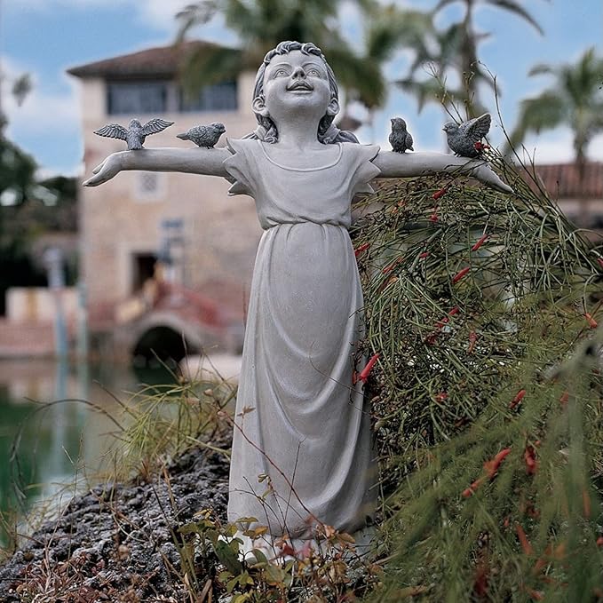 Design Toscano Basking in Glory Little Girl with Birds Outdoor Garden Statue, Medium, 16 inches tall, Cast Stone Resin, Two Tone Stone Finish