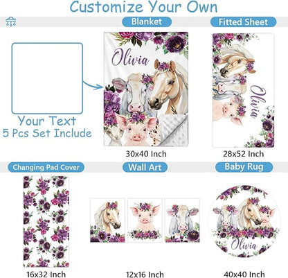 Personalized Baby Crib Bedding Set, 5 Pcs Custom Name Baby Crib Set with Floral Animals, Baby Girls Nursery Bedding Sets, Double Layer Blanket, Newborns Infants Toddlers Customized Gifts