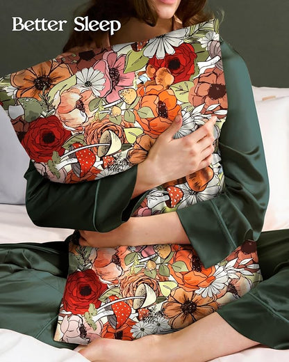 Silk Pillowcase 2 Pack - Pillow Cases 20" x 36" King Size Set of 2 for Hair and Skin Smooth Soft Breathable with Hidden Zipper Cooling Pillow Covers for Sleeping, Mushroom Bushes