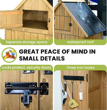 Wooden Outdoor Storage Shed with Double Doors,70” Tall Waterproof Storage Shed with Lock,Sheds & Outdoor Storage with Windproof Tipping for Deck,Backyard Garden and Yard