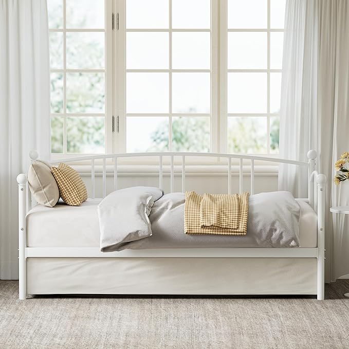 GarveeHome Twin Daybed, Sturdy Metal Day Bed with Steel Slat Support, Arched Headboard Sofa Bed for Living Room, Bedroom and Guest Room, White