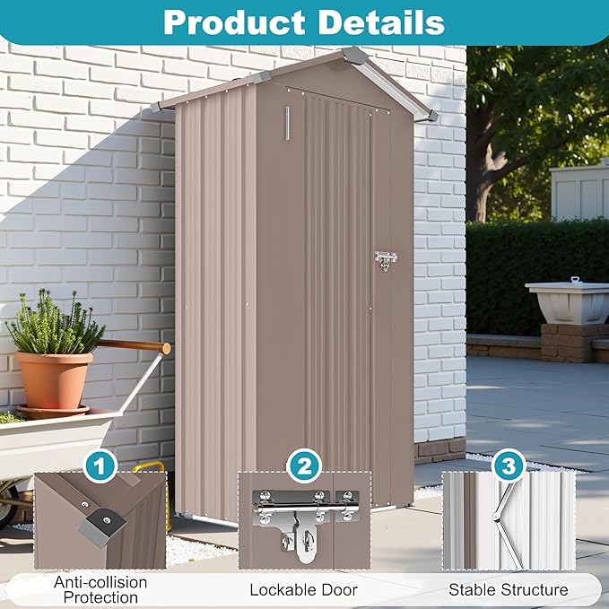 2.5x1.4 FT Outdoor Storage Shed, Metal Tool Shed with Lockable Doors & Peaked Roof, Galvanized Steel Garden Shed for Backyard Garden Patio Lawn, Brown