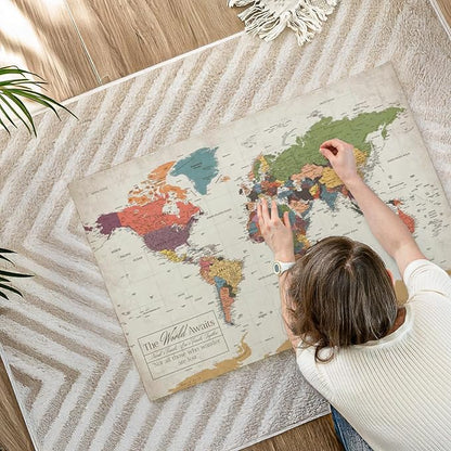 ElephantStock - Personalized World Awaits II Push Pin World Map Wall Art - Horizontal Canvas Wall Art - Living Room Wall Decor - Digital Art Map Canvas Art - Green And Beige Decor - 39" x 26"