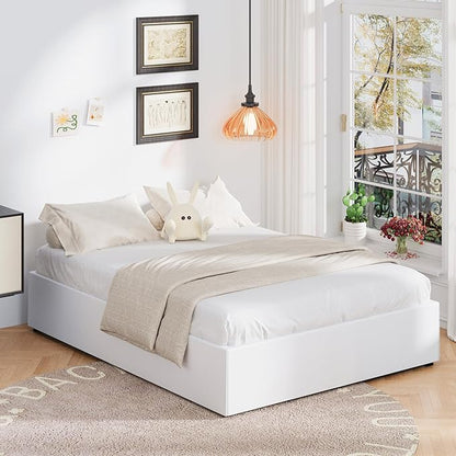 16 Inch King Size Bed Frame with White Skirt Cover, Metal King Bed Frame with Storage, No Box Spring Needed, Heavy Duty, Easy Assembly, Noise Free, Mattress Foundation