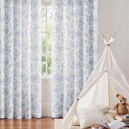 jinchan Linen Nursery Curtains 84 inch Long Woodland Wildlife Blue Print Drapes for Kid's Room Light Filtering French Country Farmhouse Curtains with Bunny and Forest Design Set of 2 Panels