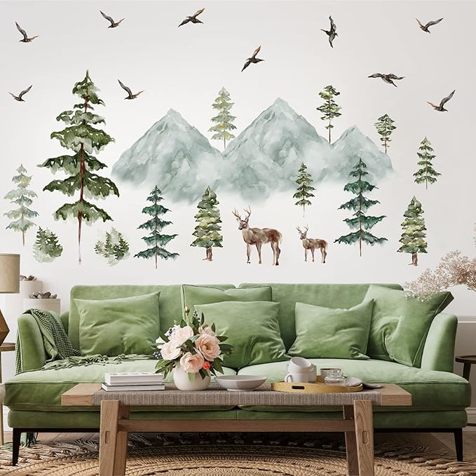 Mountain Wall Decals Large Pine Tree Wall Decals Peel and Stick Forest Tree Deer Birds Woodland Animal Decal Mountain Trees Stickers for Kids Room Nursery Decor