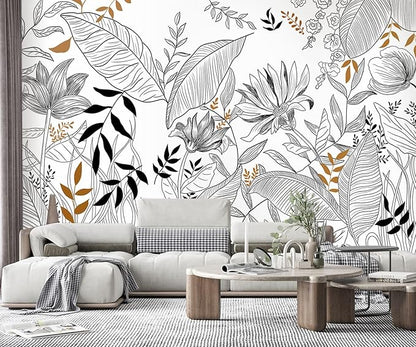 -Hand-Painted Flower Plant Fabric Wallpaper Simple Art Living Room 180" x 115" (Not Peel and Stick)