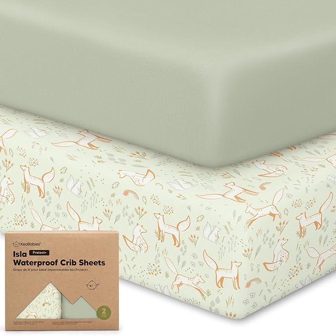 2-Pack Waterproof Baby Crib Sheets for Boys, Girls - 52x28 Viscose Derived from Bamboo Toddler Bed Sheet Neutral, Fitted Crib Mattress Protector Cover for Baby Bedding, Soft & Gentle (Foxtrot)