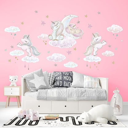 Unicorn Wall Decals by Lipastick - Vibrant Glitter Moon, Stars, Cloud Stickers for Girls Bedroom, Baby Nursery, Kids Room, Birthday Party Decor Art- Wall Stickers for Girls Room