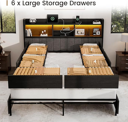 King Bed Frame with 6 Storage Drawers, Linen Upholstered Headboard, Built-in