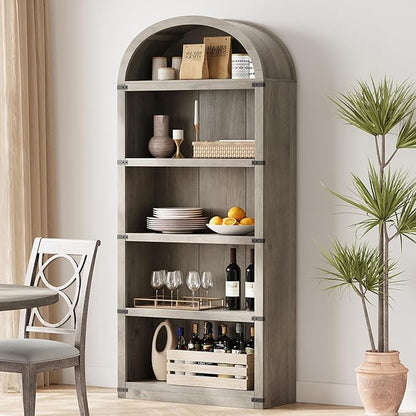 GarveeHome Bookcase 5 Shelf Arched Bookshelf 71.65in Tall Bookcase Farmhouse Display Storage Rack Wooden Bookshelves for Home Office, Living Room (Rustic Gray)