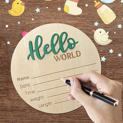Baby Announcement Sign, 5.9 Inch Wooden Hello World Newborn Signs, Birth Announcement Sign, Baby Shower Hospital Nursery for Newborn Boys and Girls (Green,Pen)