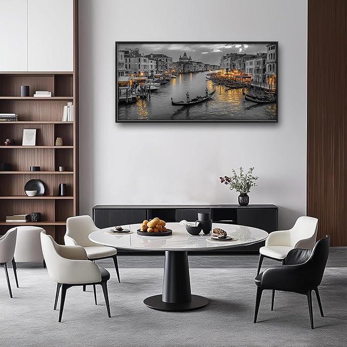 Olivine Italy Large Wall Art, Venice City Pictures Wall Decor, Black and White Painting, Cityscape Canvas Prints, Framed Artwork for Dining Room Living Room Bedroom Bathroom Office Home Decor 60"x30"