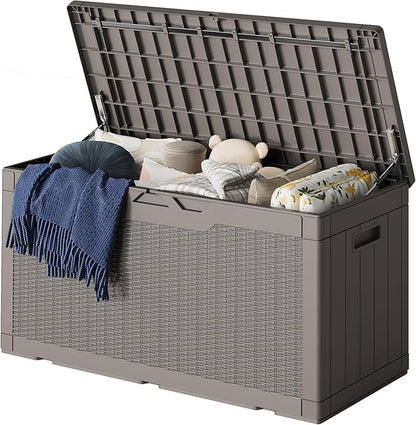 Greesum 100 Gallon Resin Deck Box Lockable Large Outdoor Storage Boxes for Garden Tools, Patio Furniture Cushions, Pool Supplies, Light Coffee