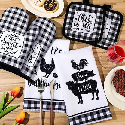 Sratte 6 Pcs Farmhouse Marble Dish Towels Pot Holders and Oven Mitts Sets Pink White and Gold Heat Resistant Kitchen Towels Farm Animal Kitchen Decoration for Baking Cooking Supply(Farm Animal)