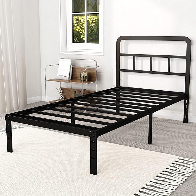 Metal Platform Twin Bed Frames with Headboard, 14 Inch No Box Spring Needed Heavy Duty Steel Slat Mattress Foundation/Easy Assembly/Noise Free/Black