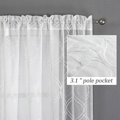 VISIONTEX White Sheer Curtains 120 Inches Long 2 Panels Set Moroccan Embroidered Curtains Trellis Decor French Textured Rod Pocket Voile Tulle Semi Window Drapes for Bedroom Living Room 54 x 120 Inch