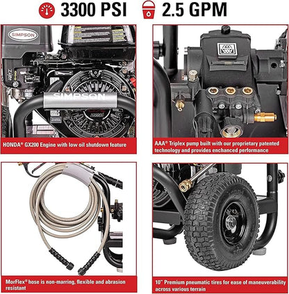 SIMPSON Cleaning PS3228 PowerShot 3300 PSI Gas Pressure Washer, 2.5 GPM, Honda GX200 Engine, Includes Spray Gun and Extension Wand, 5 QC Nozzle Tips, 5/16-inch x 25-foot MorFlex Hose, 49-State