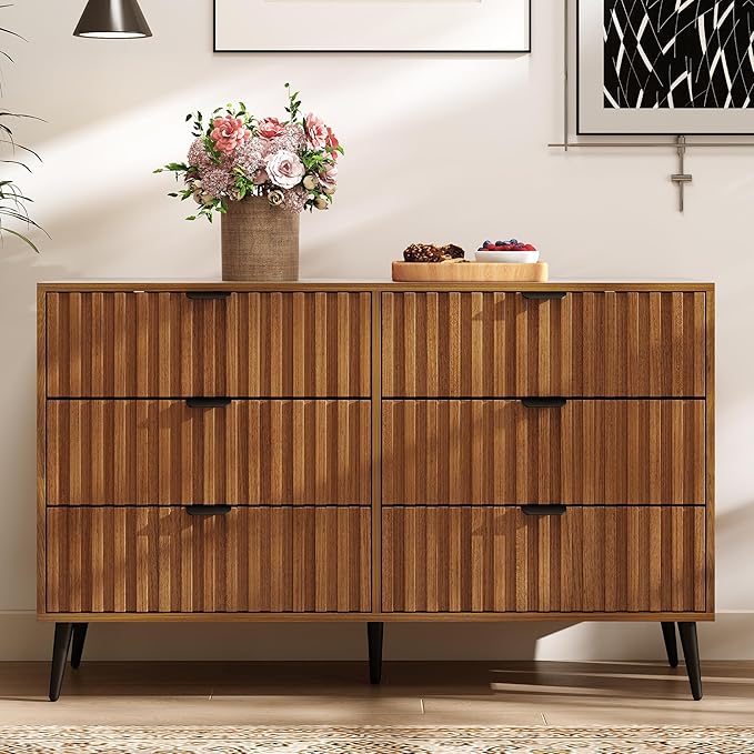 Fluted Dresser for Bedroom with 6 Drawers, 47'' Wide Modern Dresser with Metal Handle, Natural Wood Dressers Organizer with Blister Drawers for Bedroom, Brown