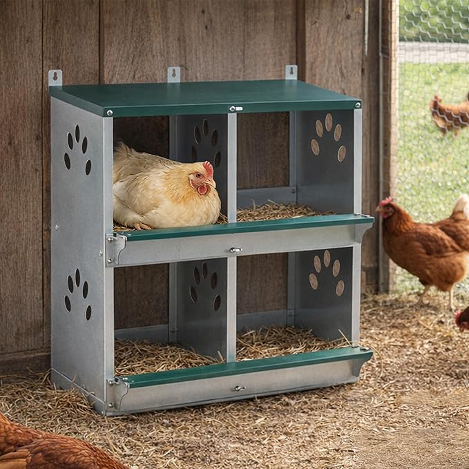 Metal Nesting Boxes for Chickens, Multiple Compartment Chicken Nesting Box for Laying Eggs, Durable Galvanized Steel Hen Nesting Box, Wall-Mounted Poultry Nesting House (4-Hole)