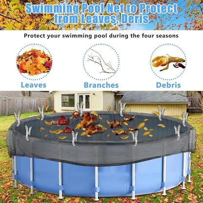 28 Feet Round Leaf Net Cover for Above Ground Pool, Winter Cover Mesh Cover with 20 Pcs Large Metal Clips，Pool Safety Net Fits 28FT Above Ground Pools, Keeps Leaves Out of Your Pool