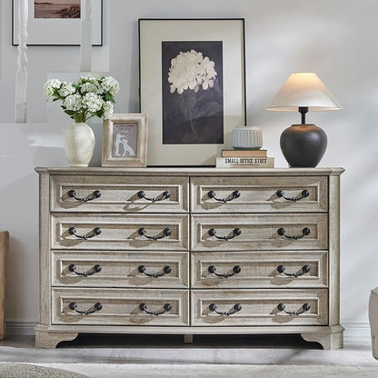 T4TREAM Farmhouse 8 Drawers Dresser for Bedroom, 54" Wide Wood Rustic Chest of Drawers with Natural Texture, Vintage Design, Storage Dressers Organizer for Bedroom, Living Room, Light Rustic Oak